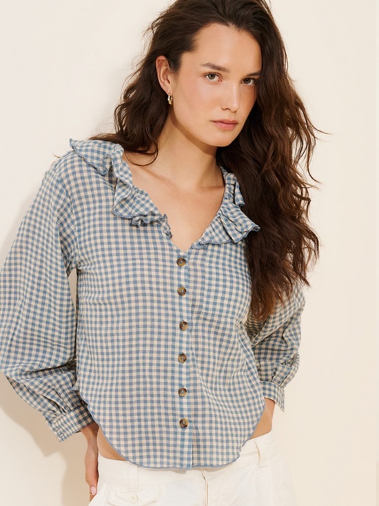 Pilcro Tops - NWOT Pilcro Blue Gingham Button-Front Ruffle Collar Top
